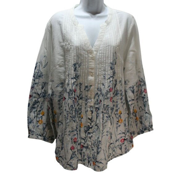 Pomodoro Floral Botanical Cotton Blouse Pintuck V-Neck Boho Tunic Top US 14 - Picture 1 of 12